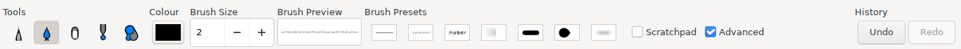 Toolbar of Vara with brush, eraser, etc.
